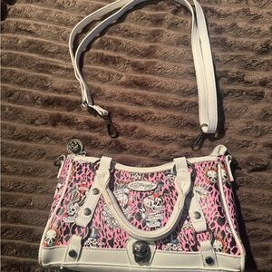 Ed Hardy Pink and White Skull Print Shoulder Bag